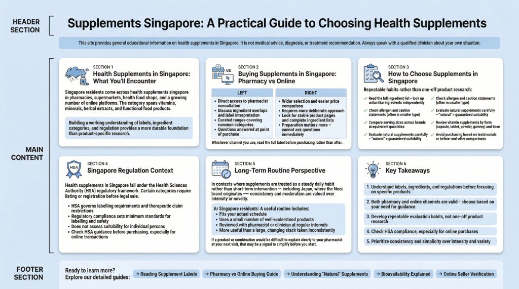Supplements Singapore: visual overview covering pharmacy vs online buying, label comparison, regulation context, and long-term routine perspective